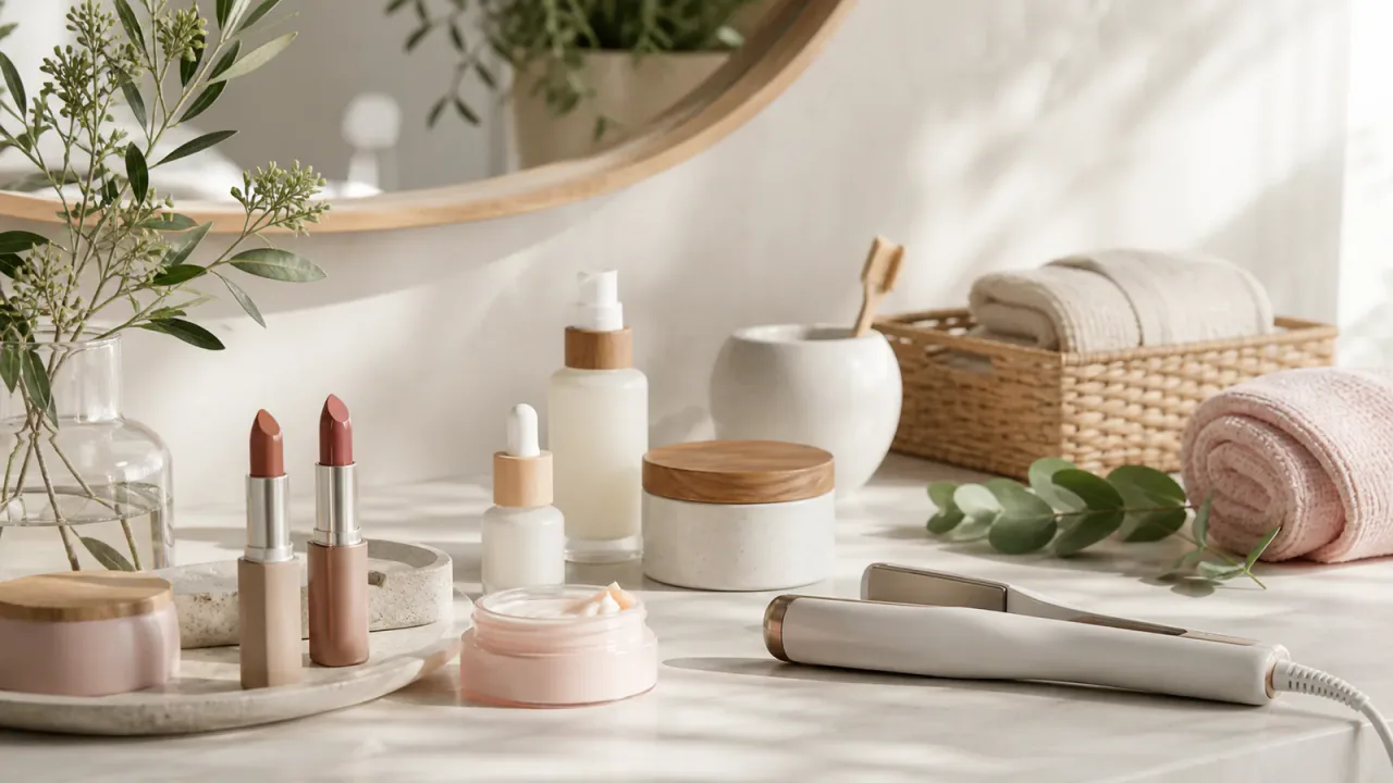 Clean-beauty vanity arrangement with organic lipsticks, skincare jars, leaves, towels, and soft natural light.