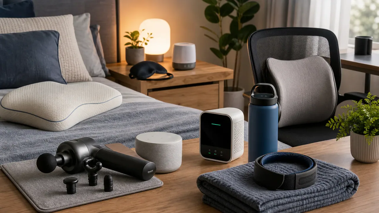 Calm bedroom and home-office scene with massage device, sleep accessories, air quality monitor, and ergonomic cushion.