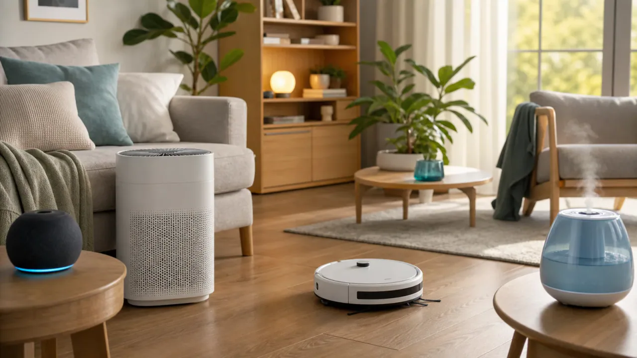 Modern living room with a robot vacuum, air purifier, humidifier, and smart-home products.