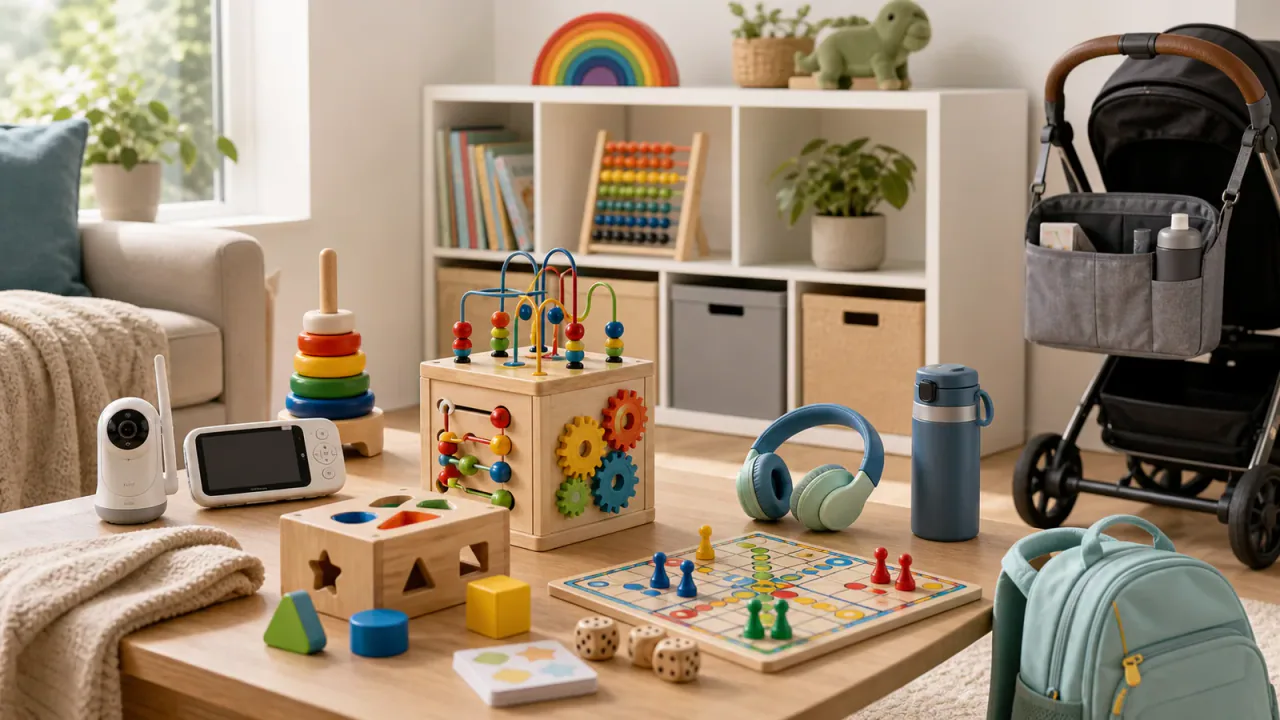 Organized family room with educational toys, travel gadgets, baby monitor, stroller accessory, and board game pieces.