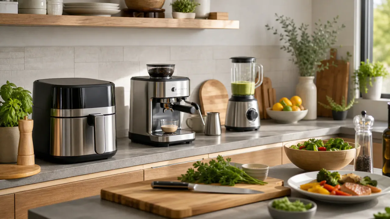 Modern kitchen counter with an air fryer, espresso machine, blender, chef knife, and prepared ingredients.