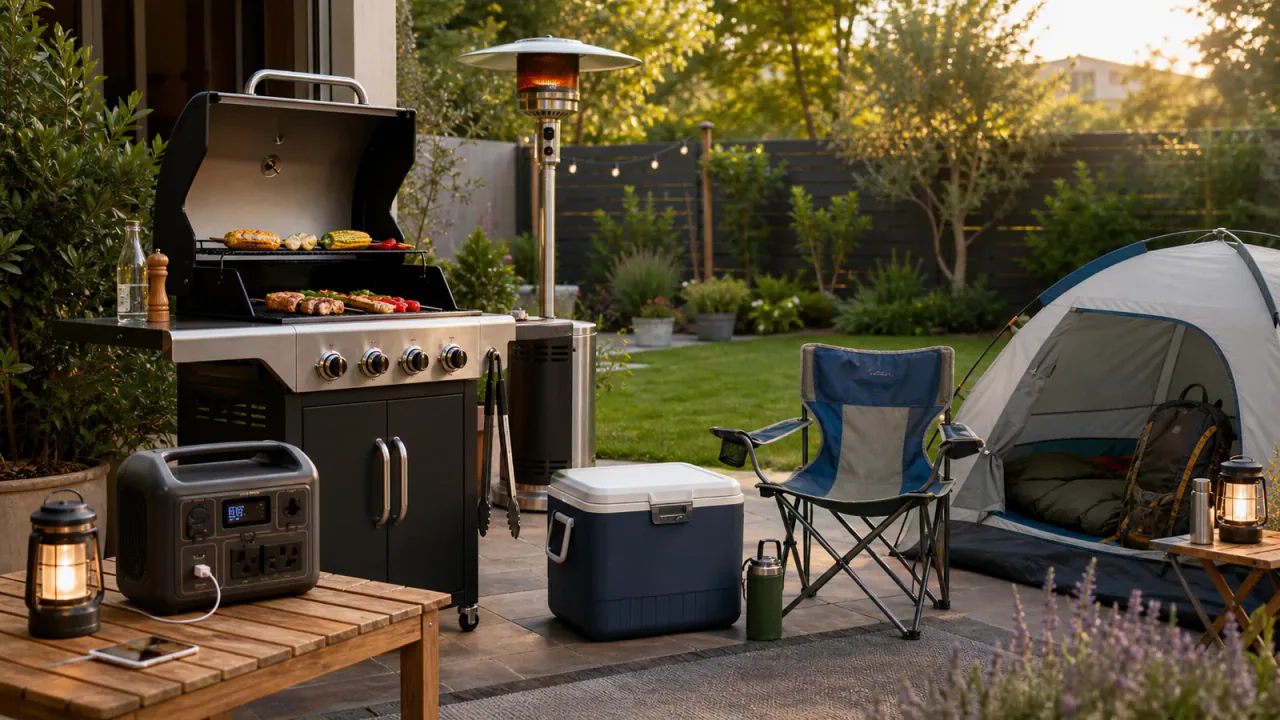 Summer backyard patio with a gas grill, portable power station, camping chair, cooler, and tent.