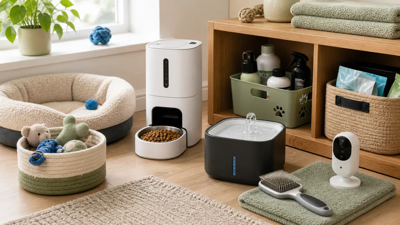 Modern pet-care station with an automatic feeder, pet camera, cat water fountain, grooming brush, and storage.