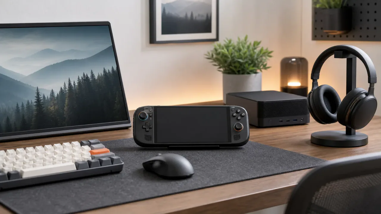 Clean gaming desk with a handheld console, mechanical keyboard, portable monitor, headset, and compact PC.