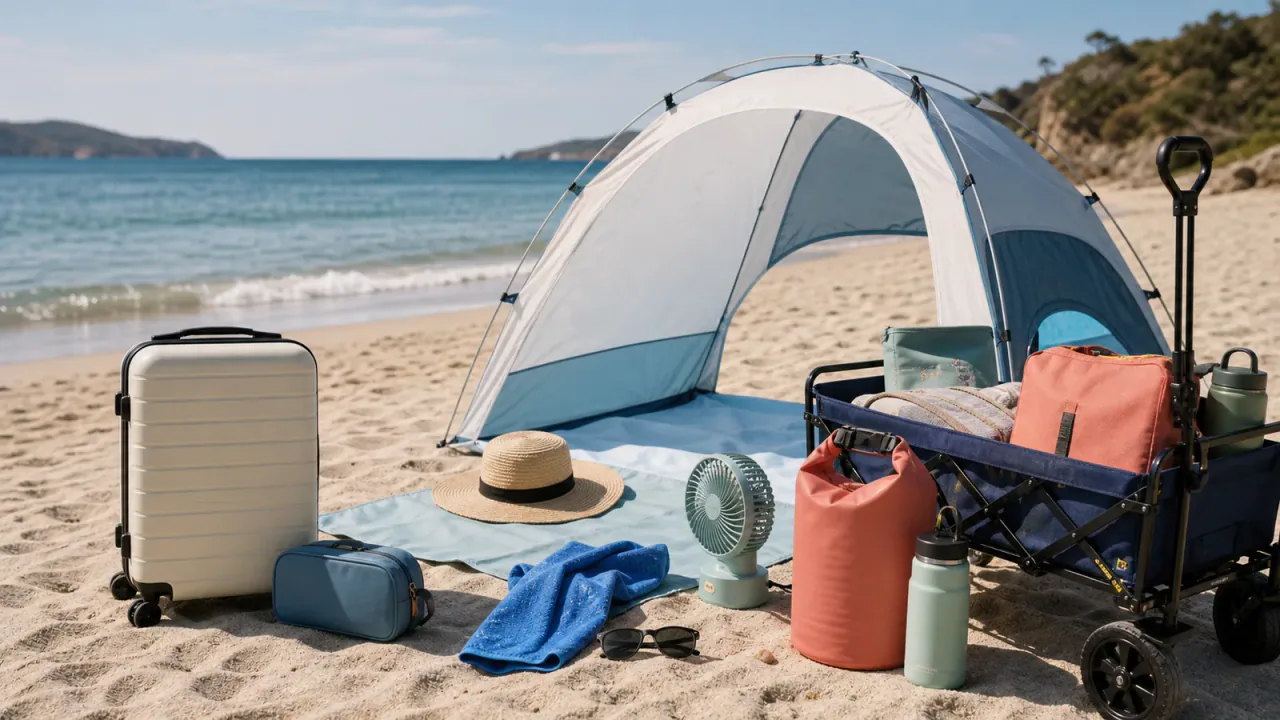 Beach setup with a shade tent, beach wagon, portable fan, waterproof bag, cooling accessories, and carry-on luggage.